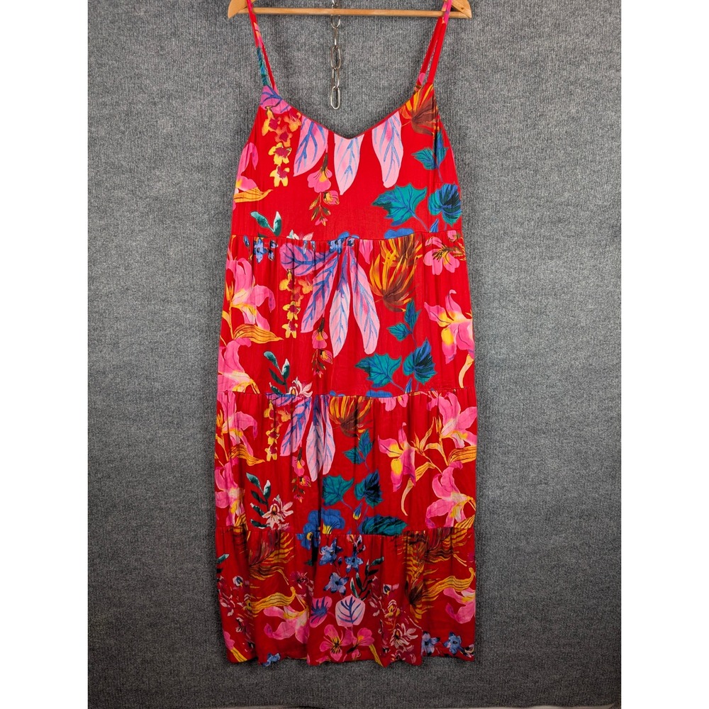 Soma WKND Tiered Maxi Dress XL Red Tropical Floral Sleeveless Travel Vacation